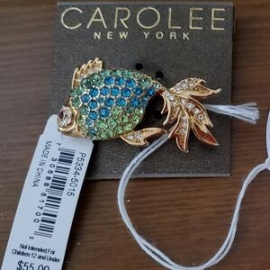 Carolee Gold and Blue-Green Crystal Fish Brooch